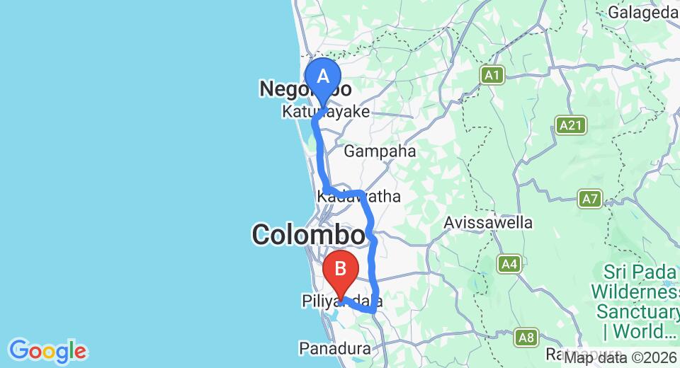 Driving route map: Colombo Airport (CMB) to Hidden Paradise, Piliyandala (63 km, approx 1 h 8 min private transfer)