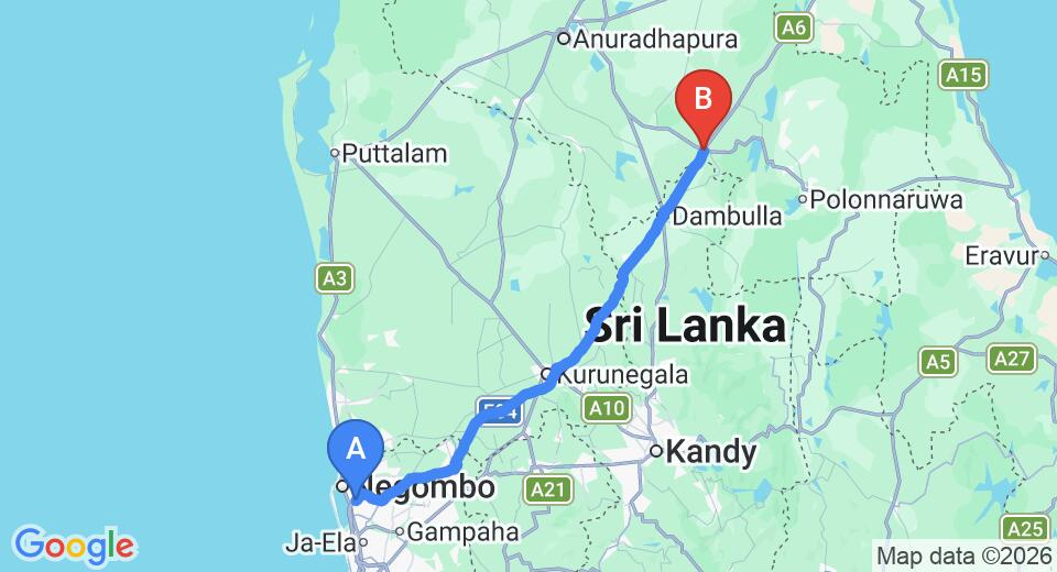 Driving route map: Colombo Airport (CMB) to Jungle Lodge Habarana, Habarana (151 km, approx 3 h 12 min private transfer)