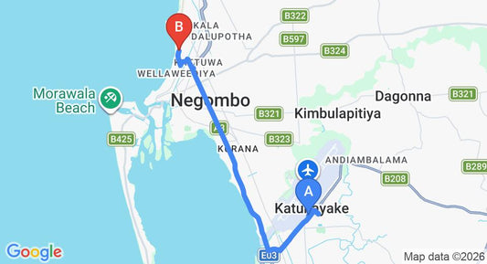 Driving route map: Colombo Airport (CMB) to Hotel Sunset Beach, Negombo (12 km, approx 28 min private transfer)