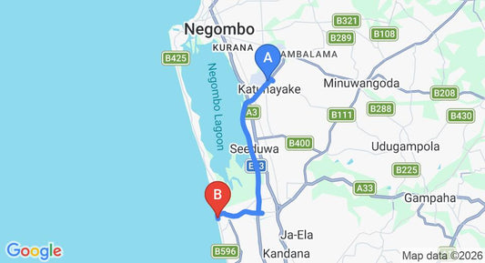 Driving route map: Colombo Airport (CMB) to Seaside Villa, Pamunugama (16 km, approx 24 min private transfer)