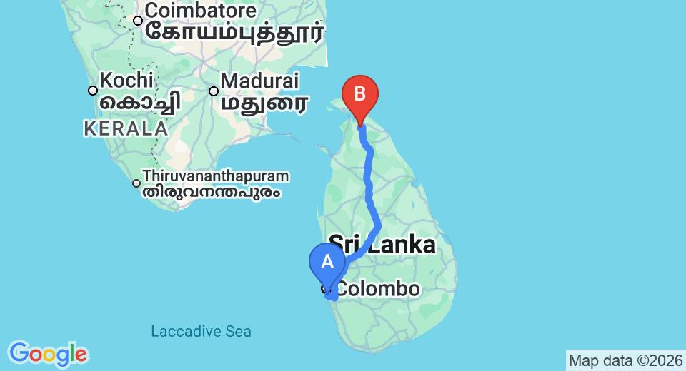 Driving route map: Ratmalana (RML) Airport to Kilinochchi (360 km, approx 7 h 9 min private transfer)