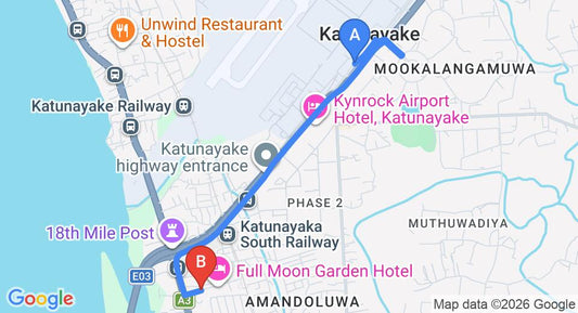 Driving route map: Colombo Airport (CMB) to Full Moon Garden Hotel, Katunayake (4 km, approx 10 min private transfer)