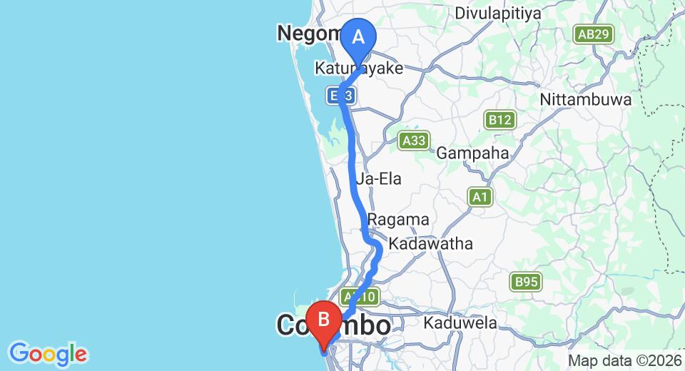 Driving route map: Colombo Airport (CMB) to Marino Beach, Colombo (37 km, approx 52 min private transfer)