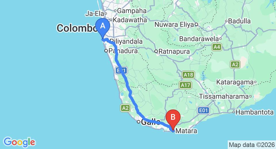 Driving route map: Ratmalana (RML) Airport to Matara (144 km, approx 2 h 13 min private transfer)