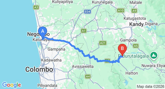 Driving route map: Colombo Airport (CMB) to Hynford bungalow, Nawalapitiya (106 km, approx 3 h 14 min private transfer)