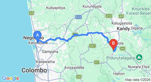 Driving route map: Colombo Airport (CMB) to The Weir House, Kandy (115 km, approx 3 h 30 min private transfer)