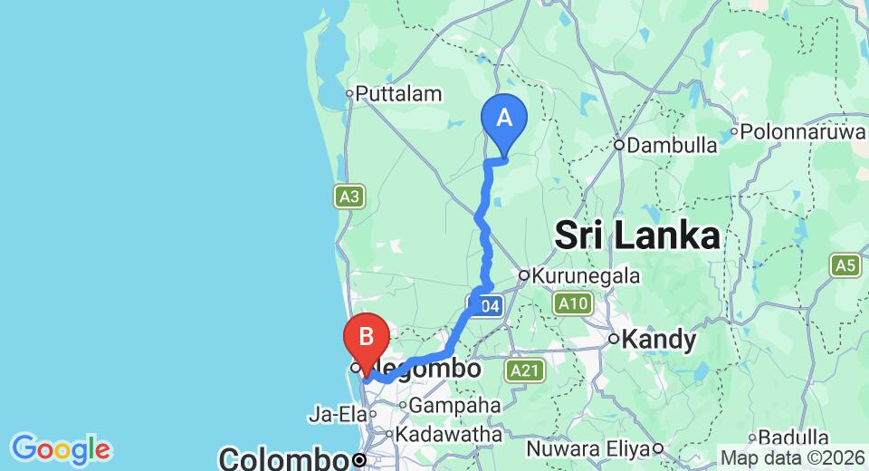 Driving route map: Yapahuwa to Colombo Airport (CMB) (116 km, approx 2 h 36 min private transfer)
