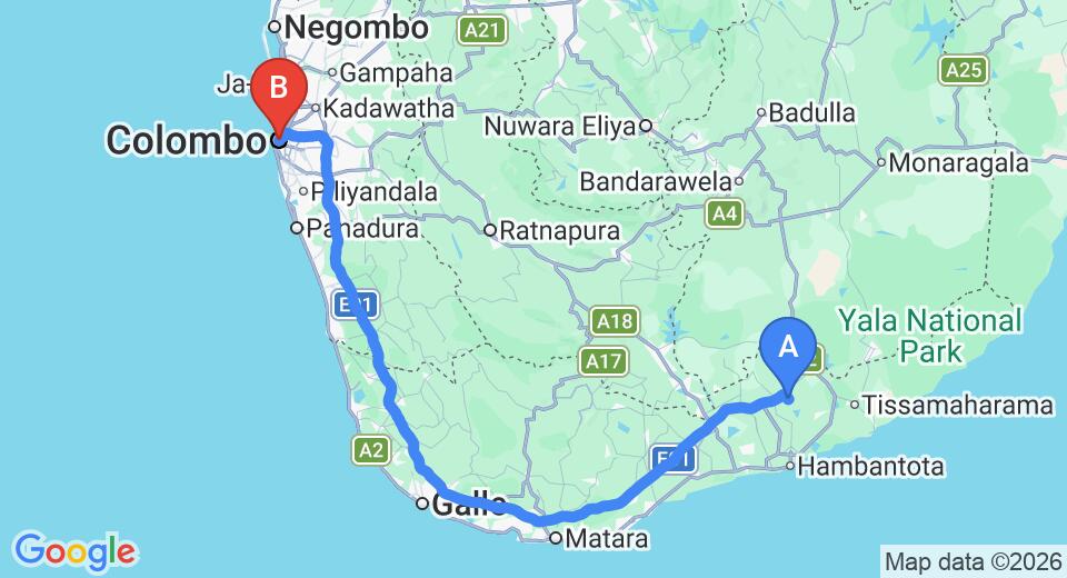 Driving route map: Mattala (HRI) Airport to Colombo (231 km, approx 3 h 10 min private transfer)