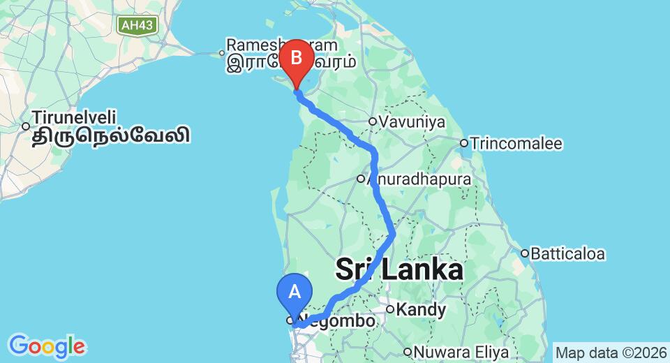 Driving route map: Colombo Airport (CMB) to El Shaddai, Mannar (296 km, approx 5 h 52 min private transfer)