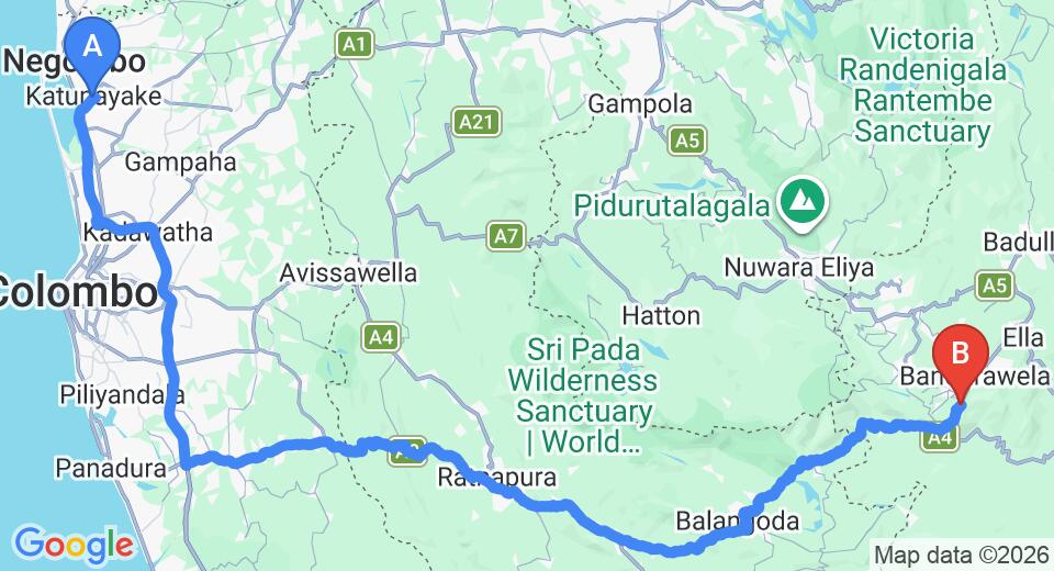 Driving route map: Colombo Airport (CMB) to Garfield Bungalow, Haputale (211 km, approx 5 h 5 min private transfer)