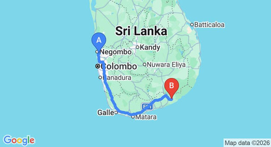 Driving route map: Colombo Airport (CMB) to Oak Ray Wild Yala, Tissamaharama (280 km, approx 3 h 44 min private transfer)