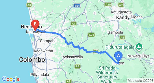 Driving route map: Hatton to Colombo Airport (CMB) (119 km, approx 3 h 37 min private transfer)