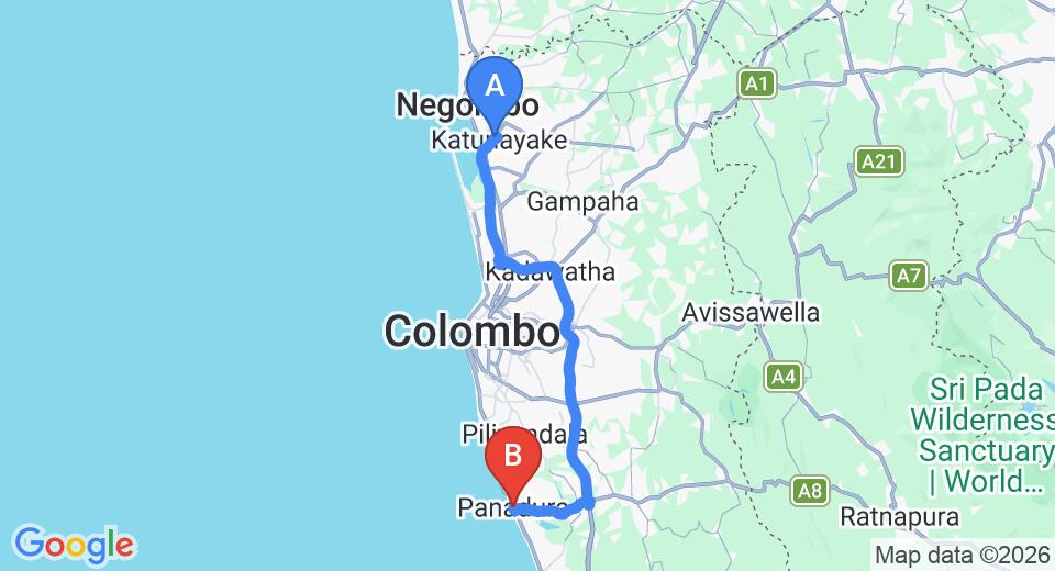 Driving route map: Colombo Airport (CMB) to Panadura (76 km, approx 1 h 23 min private transfer)