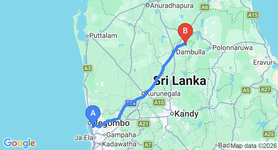 Driving route map: Colombo Airport (CMB) to Sigiriya View Resort, Sigiriya (146 km, approx 3 h 13 min private transfer)