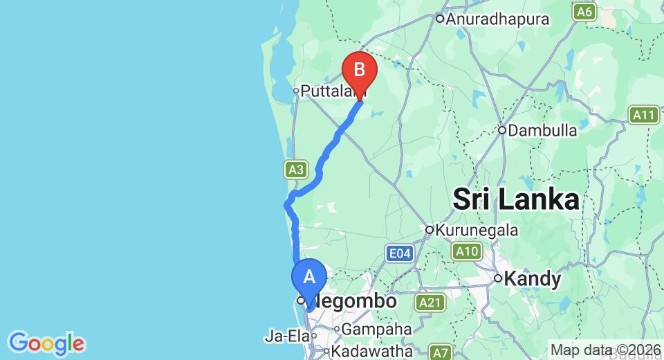 Driving route map: Colombo Airport (CMB) to Mullegama (112 km, approx 2 h 42 min private transfer)