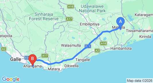 Driving route map: Mattala (HRI) Airport to Ahangama (106 km, approx 1 h 30 min private transfer)