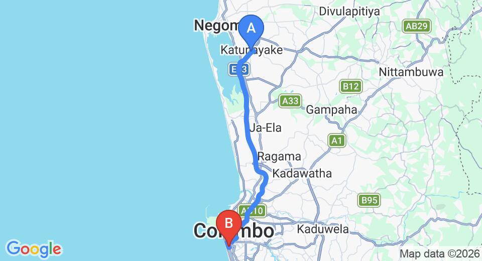 Driving route map: Colombo Airport (CMB) to Bambalapitiya (36 km, approx 49 min private transfer)