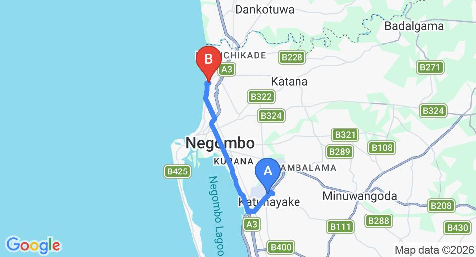 Driving route map: Colombo Airport (CMB) to Villa Araliya, Negombo (14 km, approx 34 min private transfer)