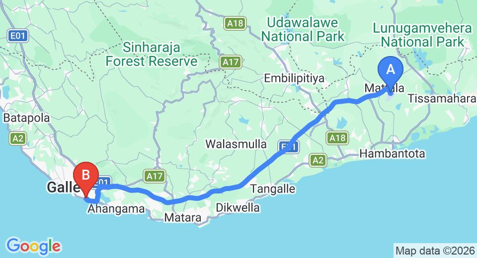 Driving route map: Mattala (HRI) Airport to Talpe (113 km, approx 1 h 38 min private transfer)