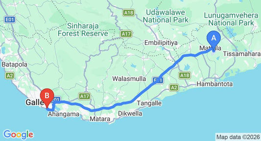 Driving route map: Mattala (HRI) Airport to Talpe (113 km, approx 1 h 38 min private transfer)