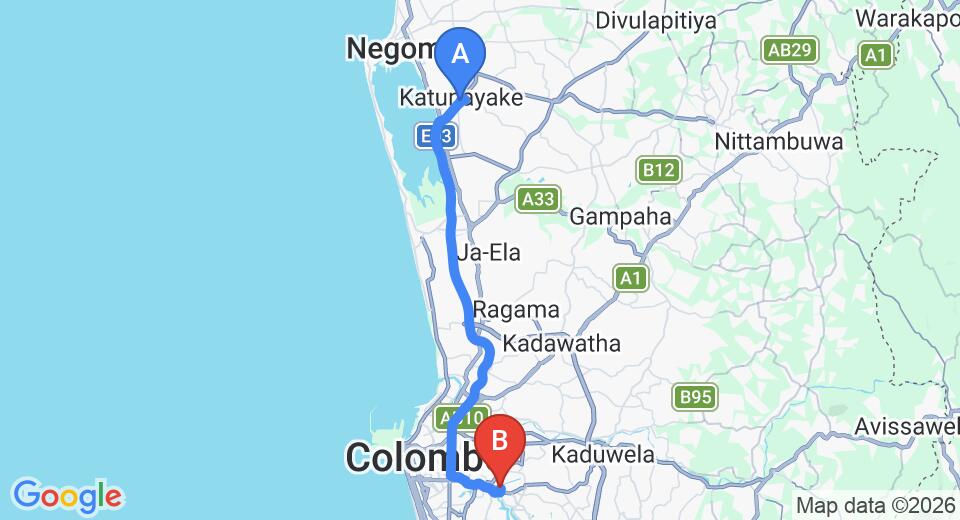 Driving route map: Colombo Airport (CMB) to Waters Edge, Battaramulla (37 km, approx 51 min private transfer)