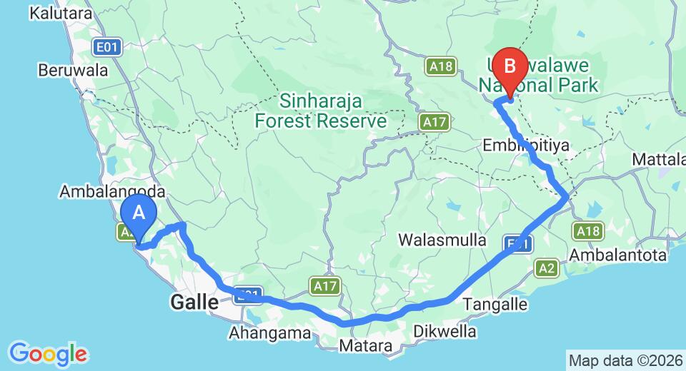Driving route map: Hikkaduwa to Udawalawe (143 km, approx 2 h 16 min private transfer)