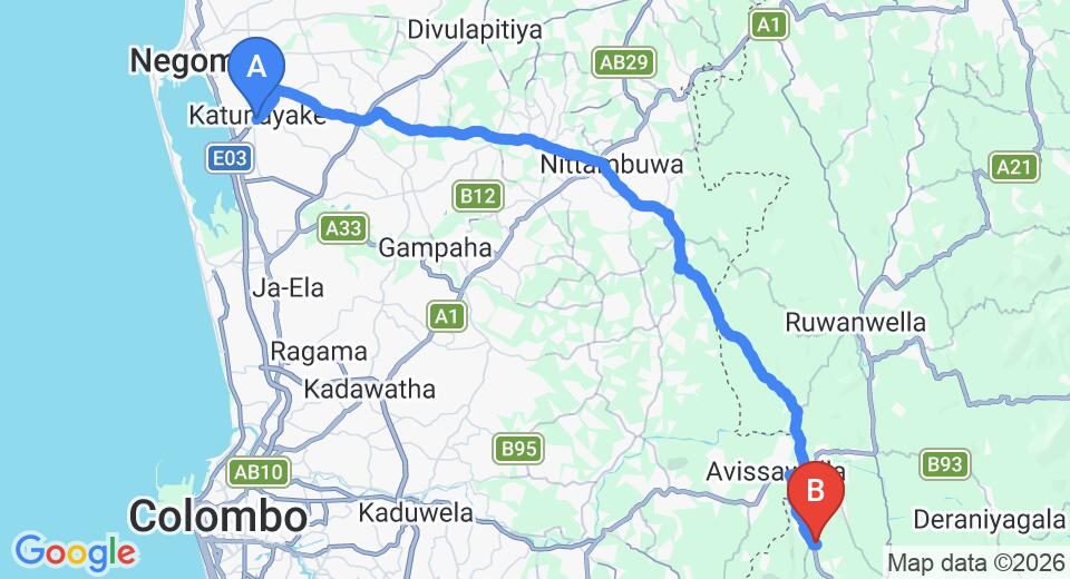 Driving route map: Colombo Airport (CMB) to Randiya Epiliyagoda Resort, Avissawella (61 km, approx 1 h 48 min private transfer)