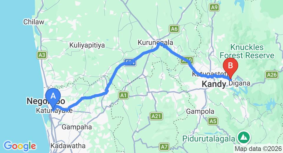 Driving route map: Colombo Airport (CMB) to Kundasale (121 km, approx 3 h 3 min private transfer)
