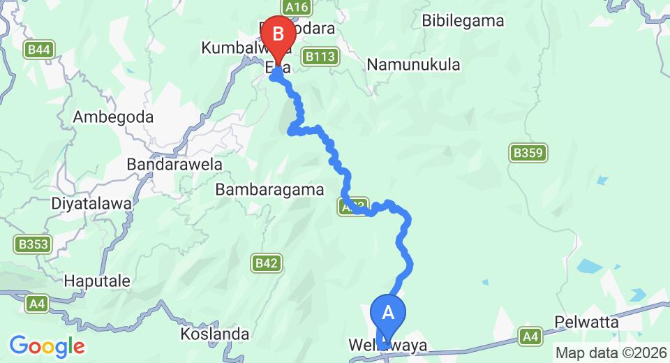 Driving route map: Wellawaya to Ella (27 km, approx 43 min private transfer)
