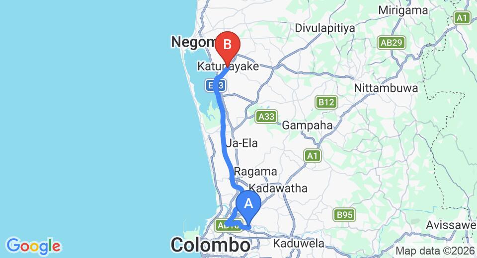 Driving route map: Kelaniya to Colombo Airport (CMB) (31 km, approx 32 min private transfer)