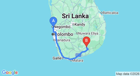 Driving route map: Colombo Airport (CMB) to Thanamalwila (273 km, approx 3 h 32 min private transfer)