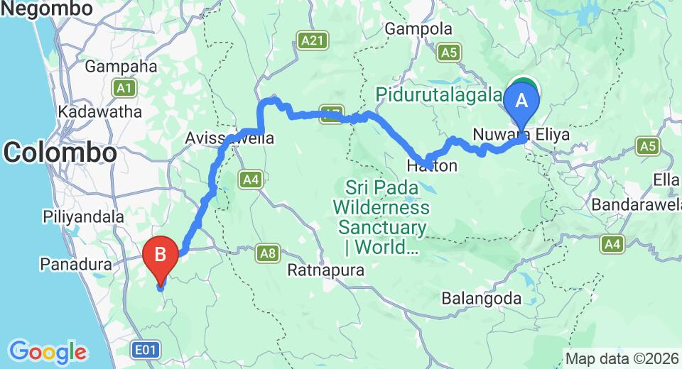Driving route map: Nuwara Eliya to Yala (153 km, approx 4 h 39 min private transfer)