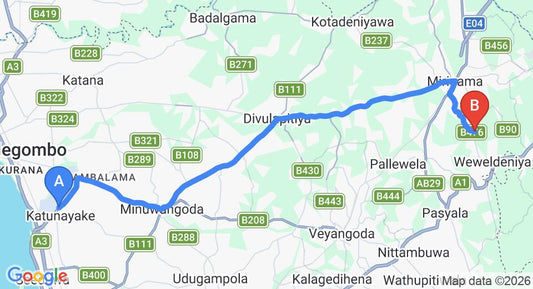 Driving route map: Colombo Airport (CMB) to Pamunuwatta (36 km, approx 1 h 6 min private transfer)