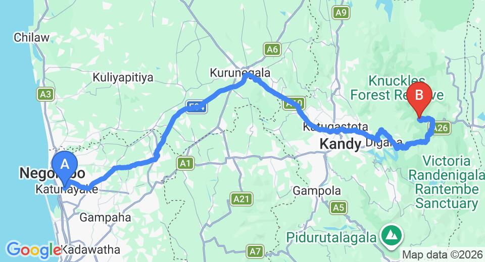 Driving route map: Colombo Airport (CMB) to Shanthi Uyana, Kandy (167 km, approx 4 h 33 min private transfer)