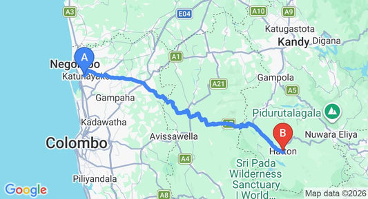 Driving route map: Colombo Airport (CMB) to The Waterfall Resort, Hatton (116 km, approx 3 h 36 min private transfer)