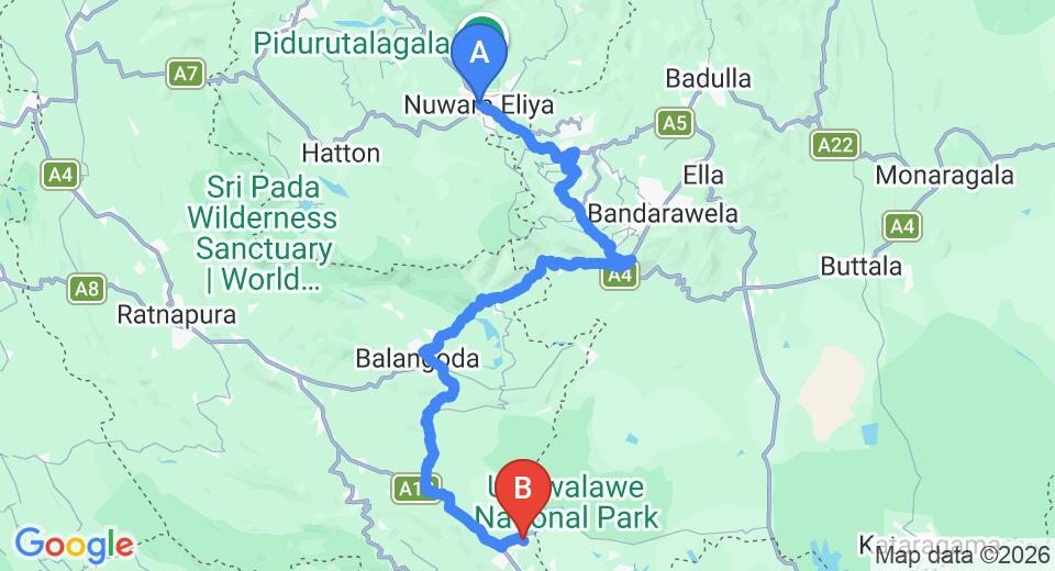 Driving route map: Nuwara Eliya to Udawalawe (141 km, approx 3 h 59 min private transfer)