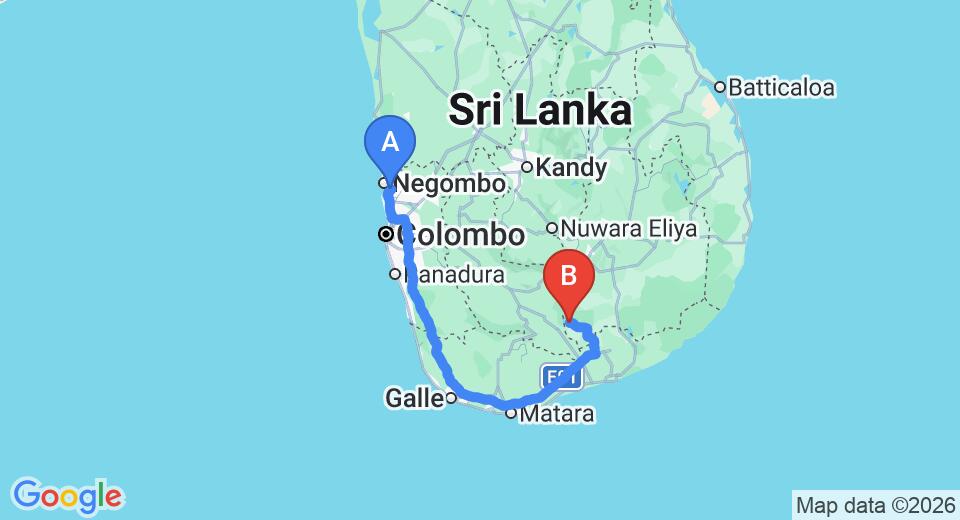 Driving route map: Colombo Airport (CMB) to Elephant Trail Hotel, Udawalawe (271 km, approx 3 h 41 min private transfer)
