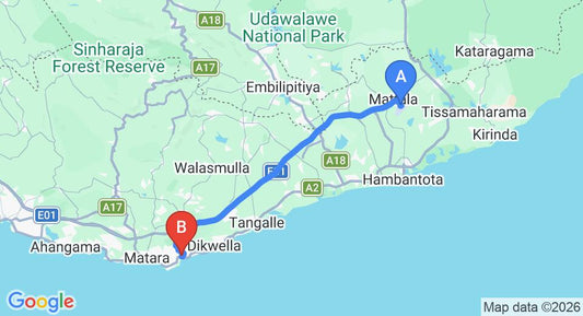 Driving route map: Mattala (HRI) Airport to Talalla (79 km, approx 1 h 13 min private transfer)