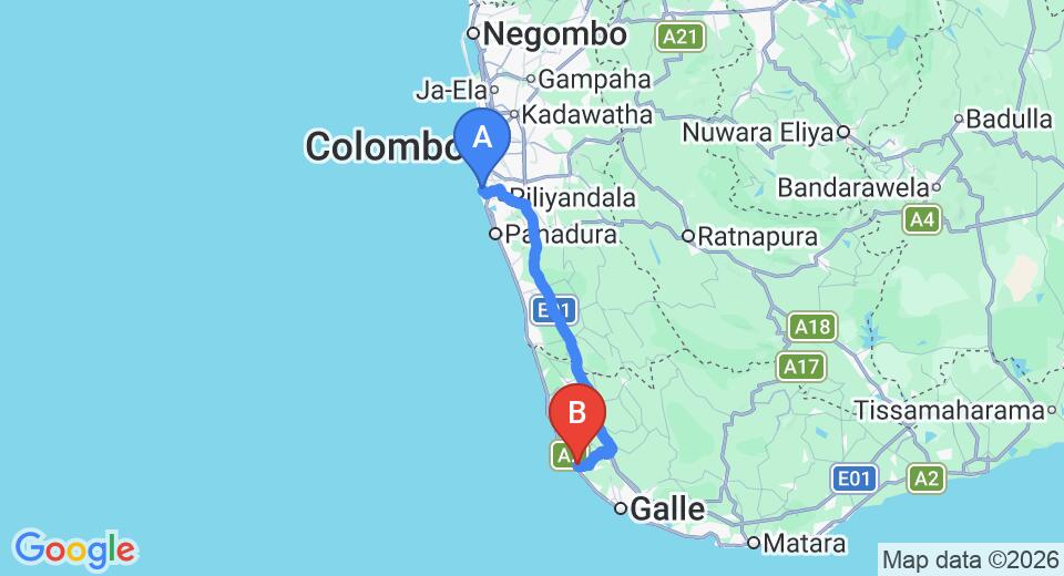 Driving route map: Ratmalana (RML) Airport to Hikkaduwa (103 km, approx 1 h 46 min private transfer)