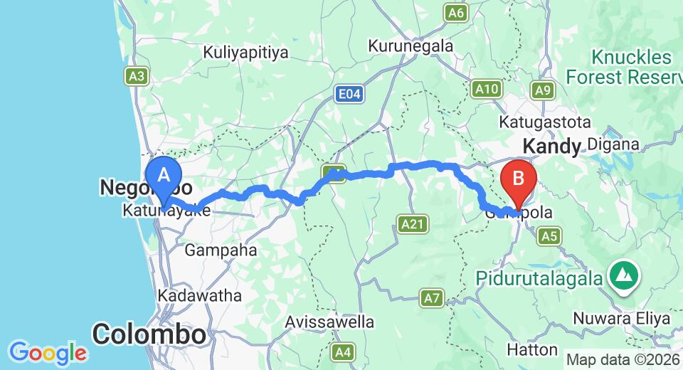 Driving route map: Colombo Airport (CMB) to Walauwa, Gampola (105 km, approx 3 h 8 min private transfer)