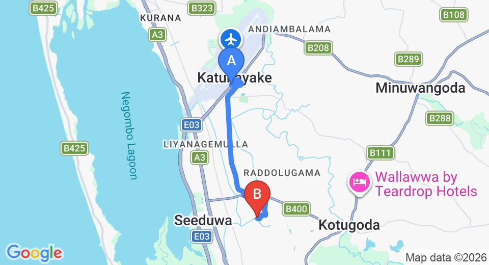 Driving route map: Colombo Airport (CMB) to Randoni Villa, Seeduwa (7 km, approx 18 min private transfer)