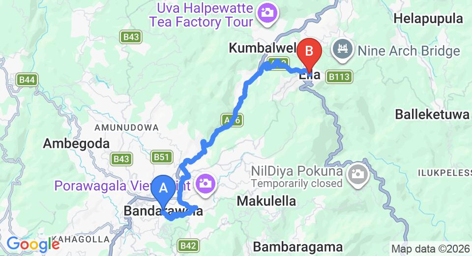 Driving route map: Bandarawela to Ella (13 km, approx 28 min private transfer)