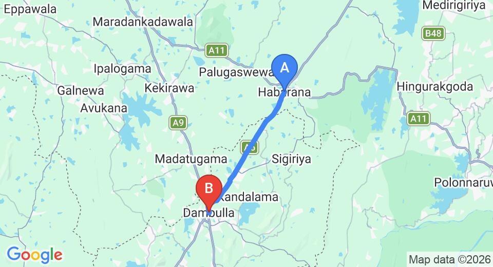 Driving route map: Habarana to Dambulla (22 km, approx 25 min private transfer)