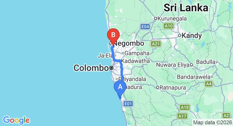 Driving route map: Kalutara to Colombo Airport (CMB) (82 km, approx 1 h 26 min private transfer)