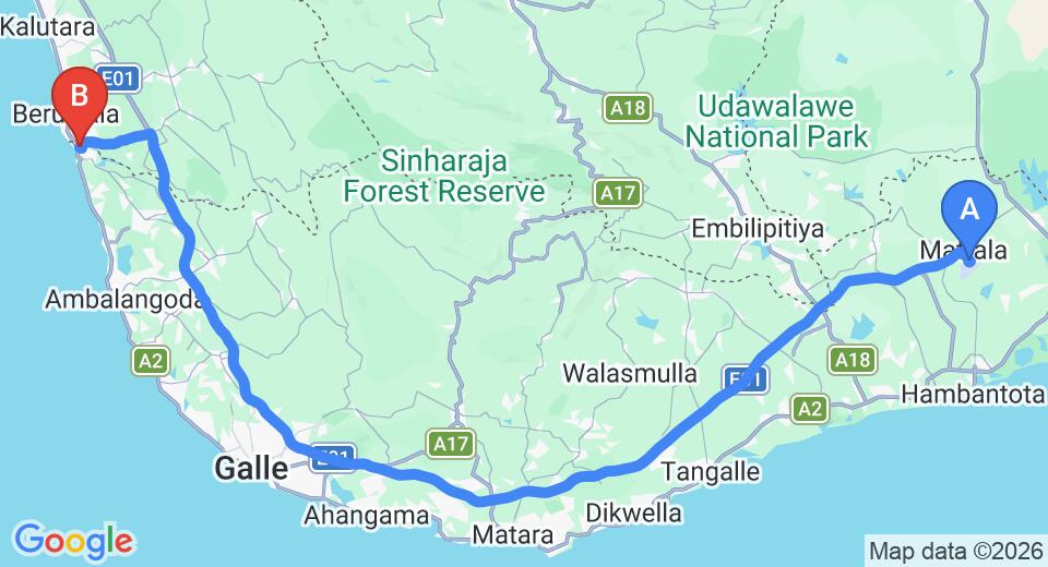 Driving route map: Mattala (HRI) Airport to Aluthgama (170 km, approx 2 h 13 min private transfer)