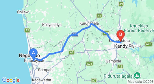 Driving route map: Colombo Airport (CMB) to Clove Villa, Kandy (110 km, approx 2 h 41 min private transfer)