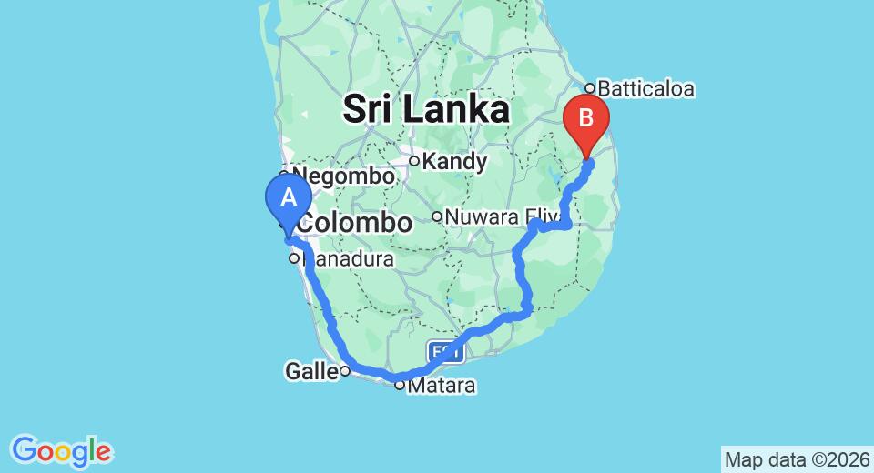 Driving route map: Ratmalana (RML) Airport to Ampara (399 km, approx 6 h 30 min private transfer)