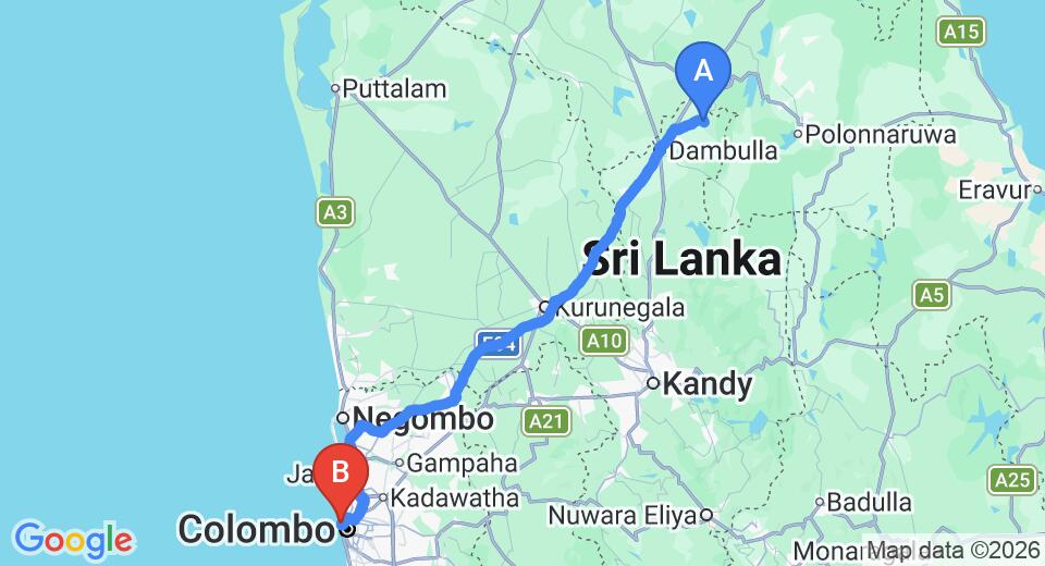 Driving route map: Sigiriya to Colombo Seaport (179 km, approx 3 h 46 min private transfer)