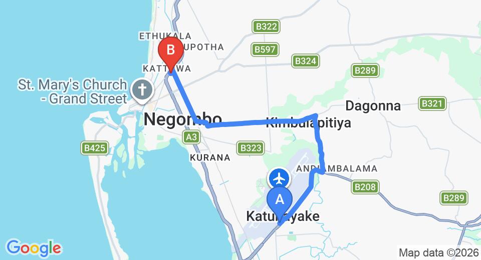 Driving route map: Colombo Airport (CMB) to Periyamulla (12 km, approx 28 min private transfer)
