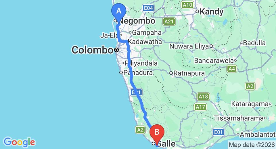 Driving route map: Colombo Airport (CMB) to Flower Garden, Unawatuna (152 km, approx 2 h 7 min private transfer)